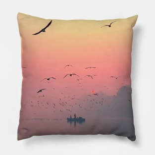 birds flying over body of water Pillow