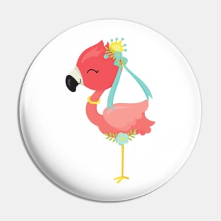 Princess Flamingo, Crown, Flowers, Cute Flamingo Pin