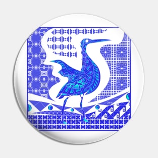 agami heron bird in mexican talavera pattern arts ecopop in blue azulejo Pin