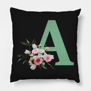 Letter A green with colorful flowers Pillow