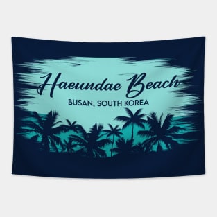 Haeundae Beach Busan, South Korea Vintage Beach Landscape with Palm Trees Tapestry