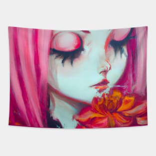 Pink Haired Girl with Dahlia Flowers Tapestry