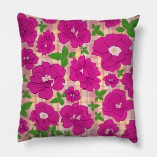 Retro Ramblin' Rose Pink and Green on Pink and Orange Plaid Pillow