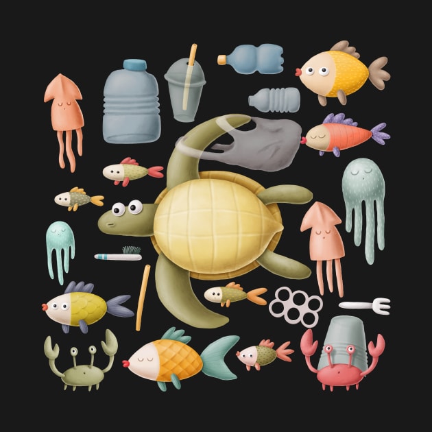 Plastic ocean with turtle and fishes. by CaptainPixel