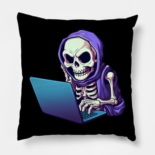 Skeleton Working on Laptop Pillow