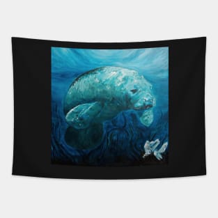 Sacred Cow - Manatee Crystal Sea Animal Creature Painting Hand-Signed Print Wall Art Handmade Home Decor Tapestry