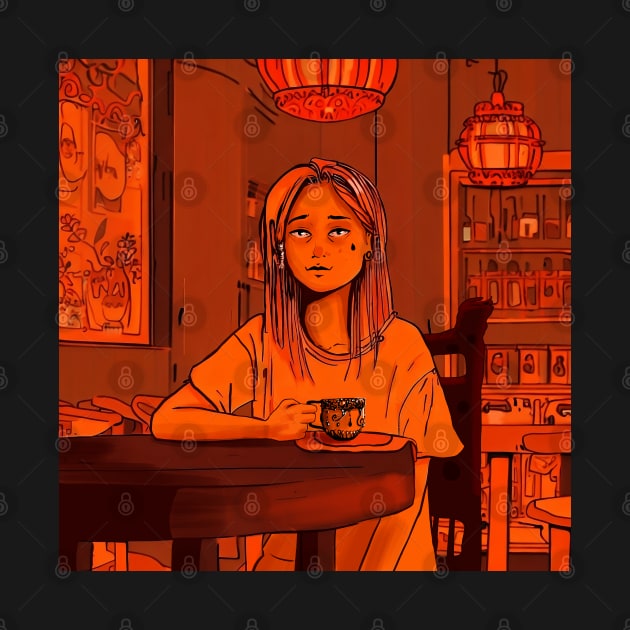 Melancholic girl drinking tea in traditional Chinese home by Eccentric-ink