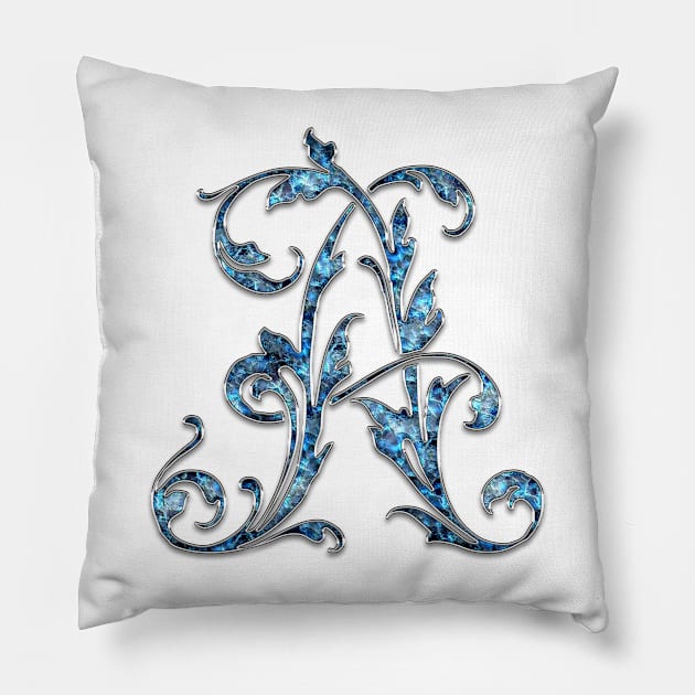 Ornate Blue Silver Letter A Pillow by skycloudpics