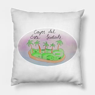Cayos del Este Sudeste watercolor Island travel, beach, sea and palm trees. Holidays and vacation, summer and relaxation Pillow