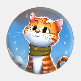 Winter Cat With a Scarf in Winter Scenery is waiting for Santa Pin