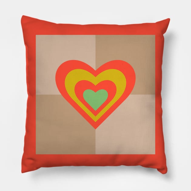LOVE HEARTS CHECKERBOARD Retro Alt Valentines in Coral Yellow Green on Cream Beige Geometric Grid - UnBlink Studio by Jackie Tahara Pillow by UnBlink Studio by Jackie Tahara