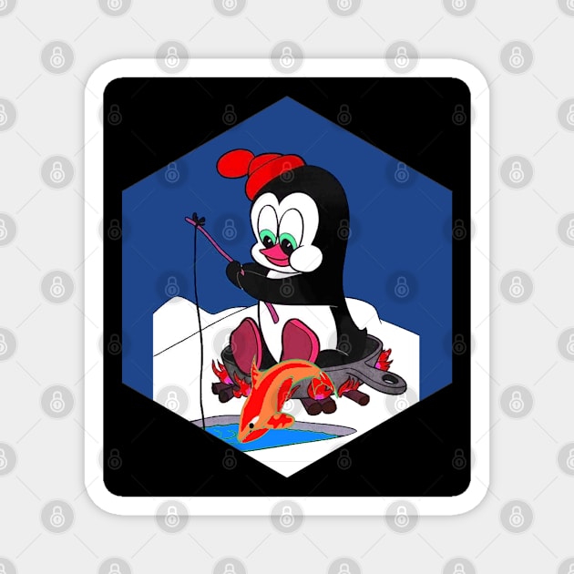 : Cartoon Penguin Ice Fishing Surreal Abstract Print Magnet by posterbobs