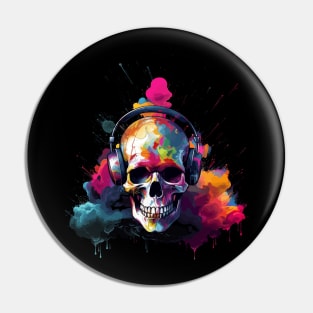 Graffiti Style Street Art Skull wearing Headphones With Paint Explosion Pin