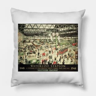 ENGLAND Old Waterloo Train Station Advertisement Vintage Railway Pillow