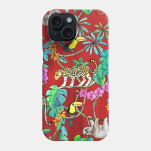 Rainforest Friends - watercolor animals on textured red Phone Case