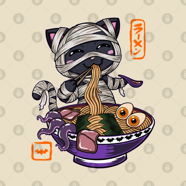 Halloween Kawaii chibi Mummy Ramen Black cat spooky Monster anime art by JustJoshDesigns