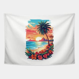 Vintage nature colorful clean beach island, Outdoor T-shirt. Tapestry