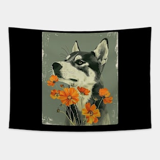 Husky Dog Flowers Photo Art Design For Dog Onwer Tapestry