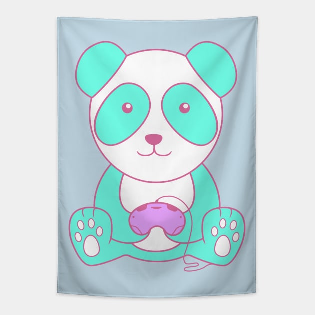 Turquoise Gaming Panda With Controller Tapestry by Just Gaby Gaming