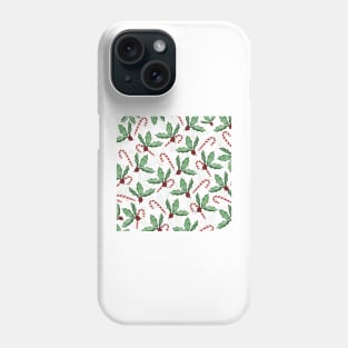 Green Holly Leaves Red Berries Candy Cane Paint Phone Case