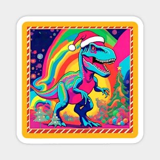 Colorful Dinosaur Wearing a Santa Hat Magnet