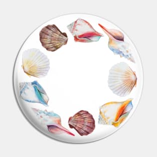 Hand drawn illustrations round frame of seashells. Pin