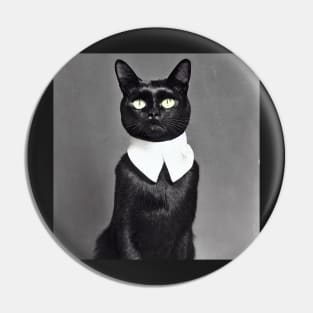 Dignified Black Cat Old Puritan Timey Photograph Pin