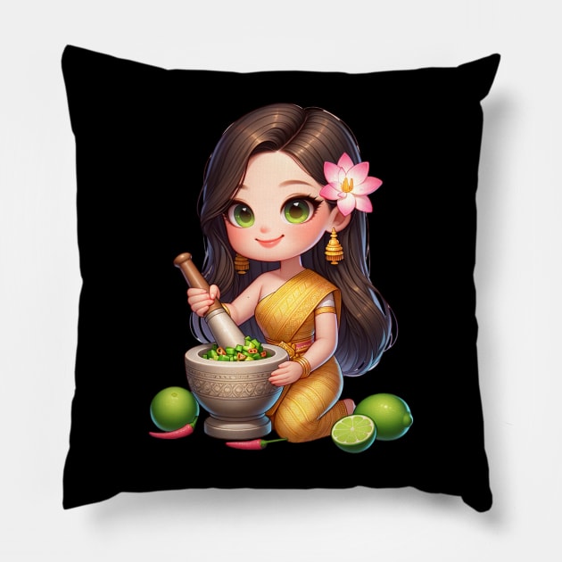 Khmer woman making papaya salad Pillow by KhmeRootz