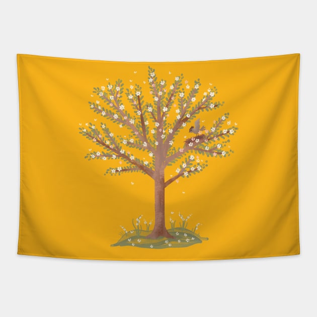 Spring Tree with Birds Nest Tapestry by Rebelform