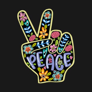 Hippie Colorful Floral Peace Fingers Cute Wildflowers Hand T-Shirt