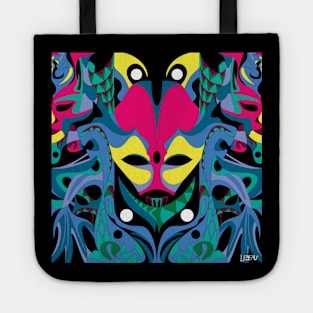 carnivale mask in alien pattern ecopop illustration in mexican totonac floral wallpaper Tote