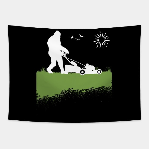 Bigfoot, the Lawn Mowing Sasquatch: Taming and Cutting Grass Tapestry by Tesszero