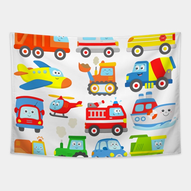 Cars and Trucks with Planes, Helicopter and Boat for Kids Tapestry by samshirts