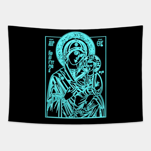 Icon of Virgin Mary and Jesus Christ (blue neon) Tapestry by la chataigne qui vole ⭐⭐⭐⭐⭐