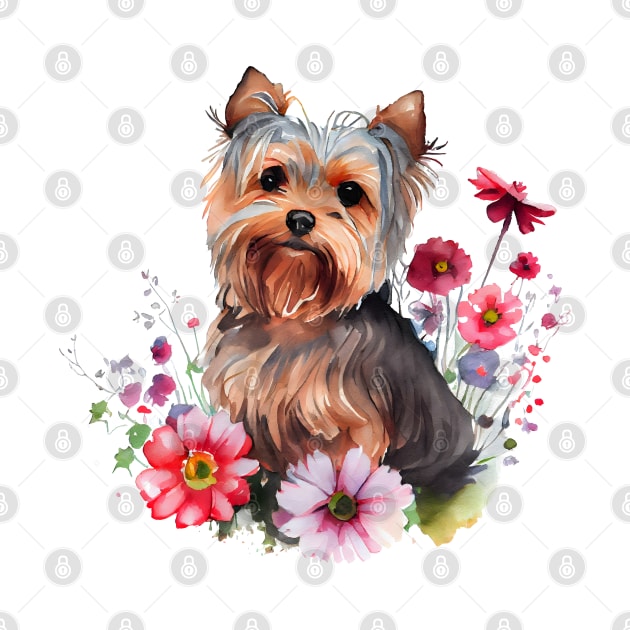 Valentine Yorkshire Terrier Yorkie in Colorful Garden by Soft Rain