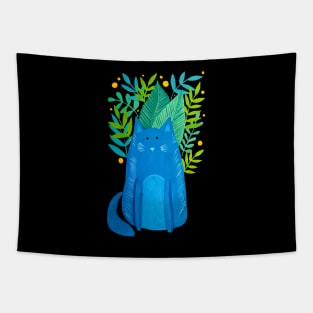 Cat and foliage - blue and green and black Tapestry