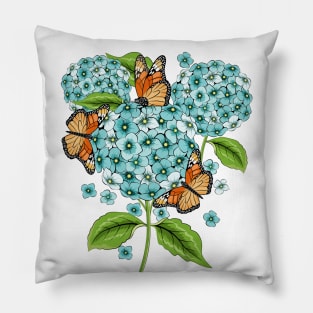 Blue Hydrangea And Monarch Butterflies Pillow