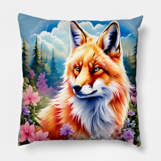 Red Fox with Flowers and Forests Pillow