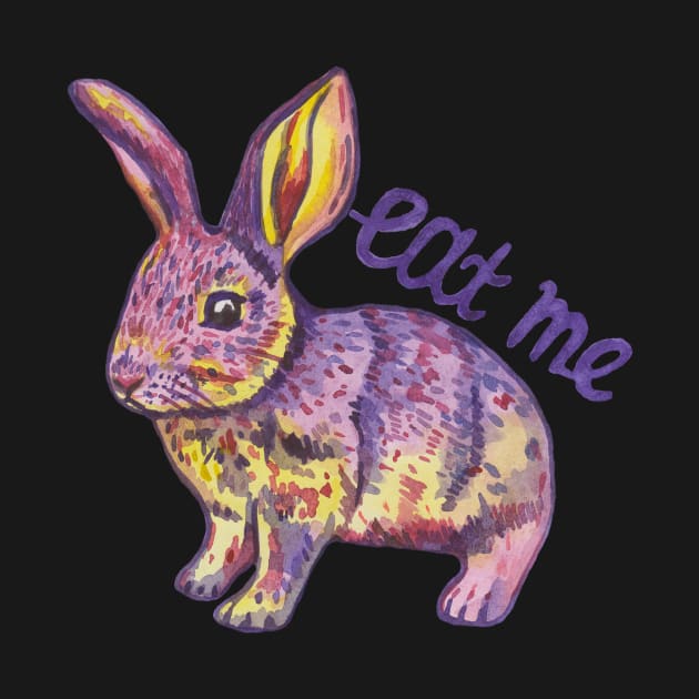 Violet yellow rabbit saying Eat me by deadblackpony