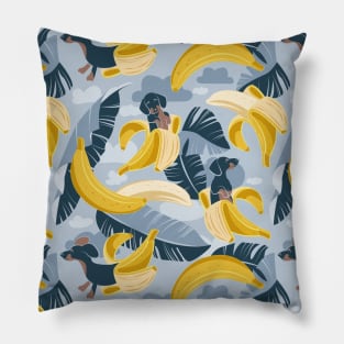 Surrealistic tropical Dachshund bananas // pattern // pastel blue background navy blue dogs and banana fruit leaves Pillow