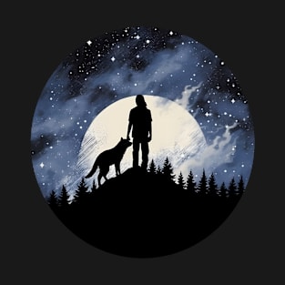 Celestial Companions: Man and Dog Silhouette under the Full Moon | Cosmic Landscapes T-Shirt