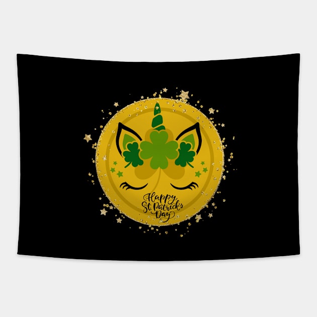 Unicorn with green clovers on a gold coin. Enjoy St. Paddy's Day! Tapestry by UnCoverDesign