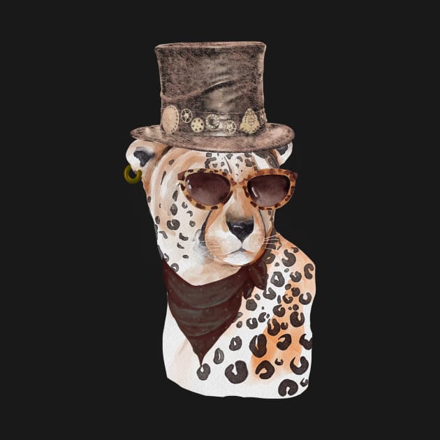 Big Cat with Spots Wearing Top Hat and Leopard Print Sunglasses by kansaikate