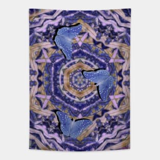 Butterflies against a floral kaleidoscope in blue Tapestry