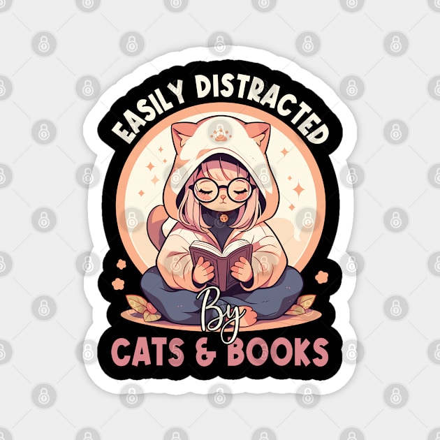 Easily Distracted by Cats and Books Funny Cat Lover Magnet by Rosemat