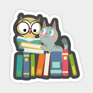 cat and owl reading book Magnet