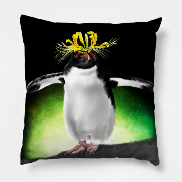 Southern Rockhopper Penguin + Yellow Spider Lily Pillow by mkeeley