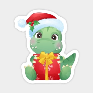 Cute Christmas Dinosaur With Santa Hat Holding A Gift Box Magnet