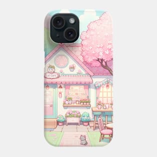 cute cat cafe with pink cherry blossom trees Phone Case