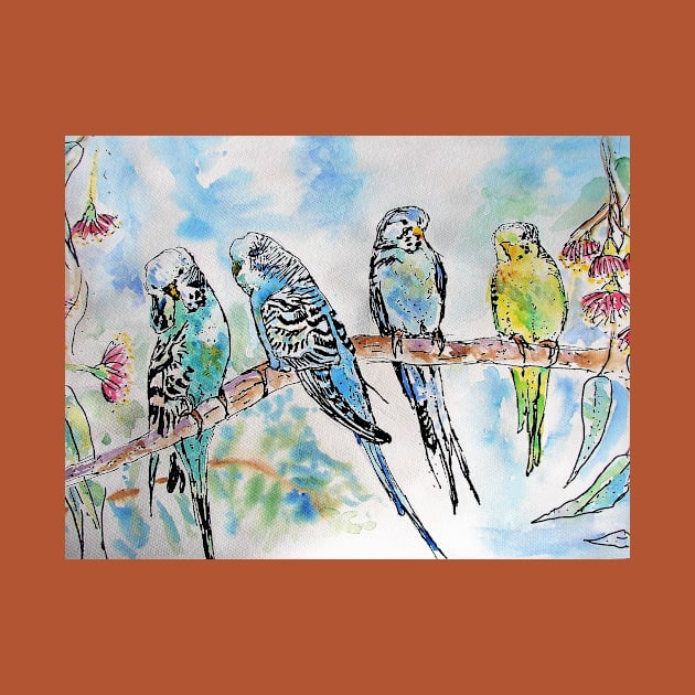 Colourful Budgies Budgerigars Sitting on A Branch Watercolor Painting by SarahRajkotwala